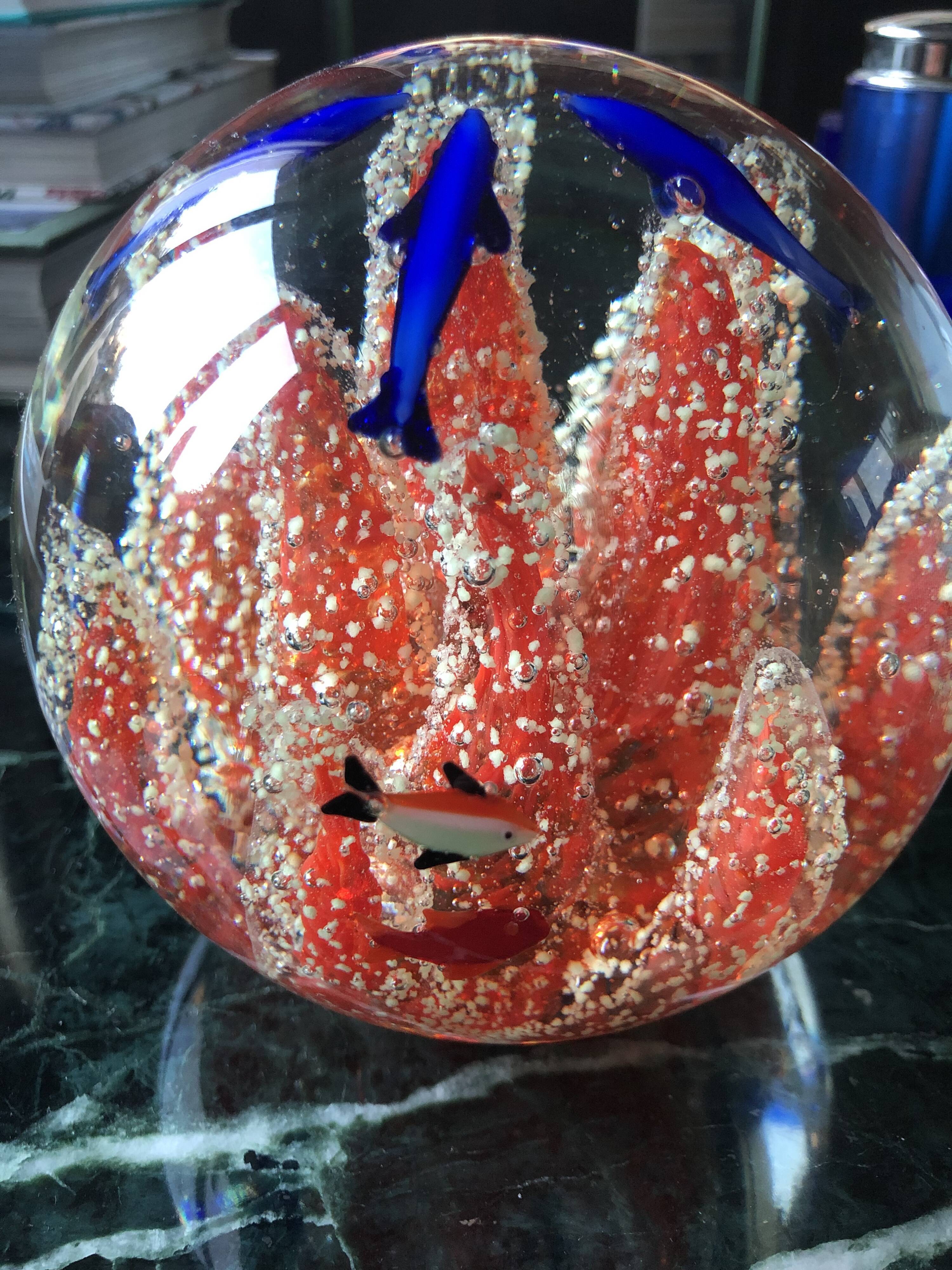 Murano glass ball paperweight Coral dolphins and fish