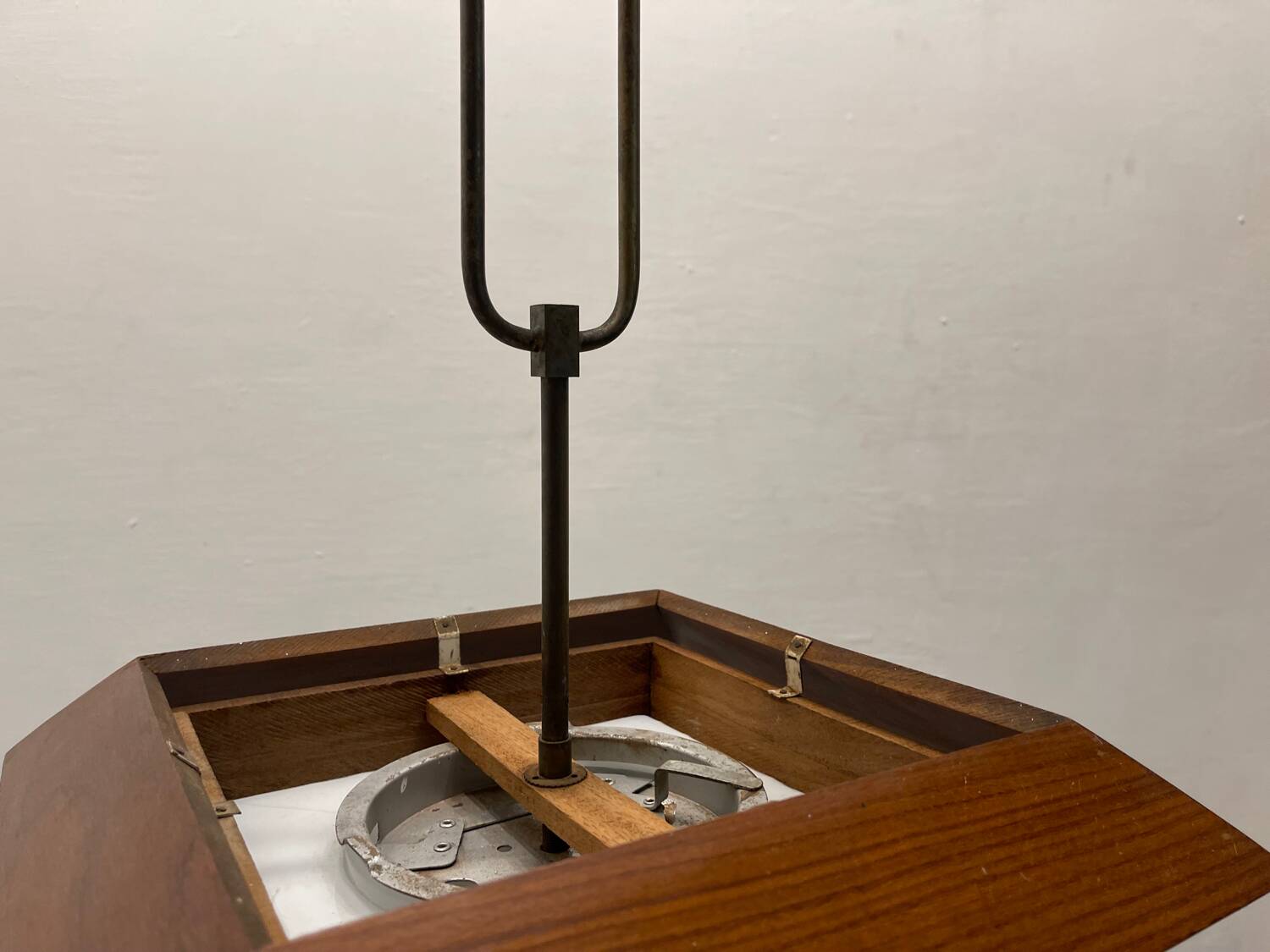 1950s Wood, Bronze & Opaline Glass Pendant Light