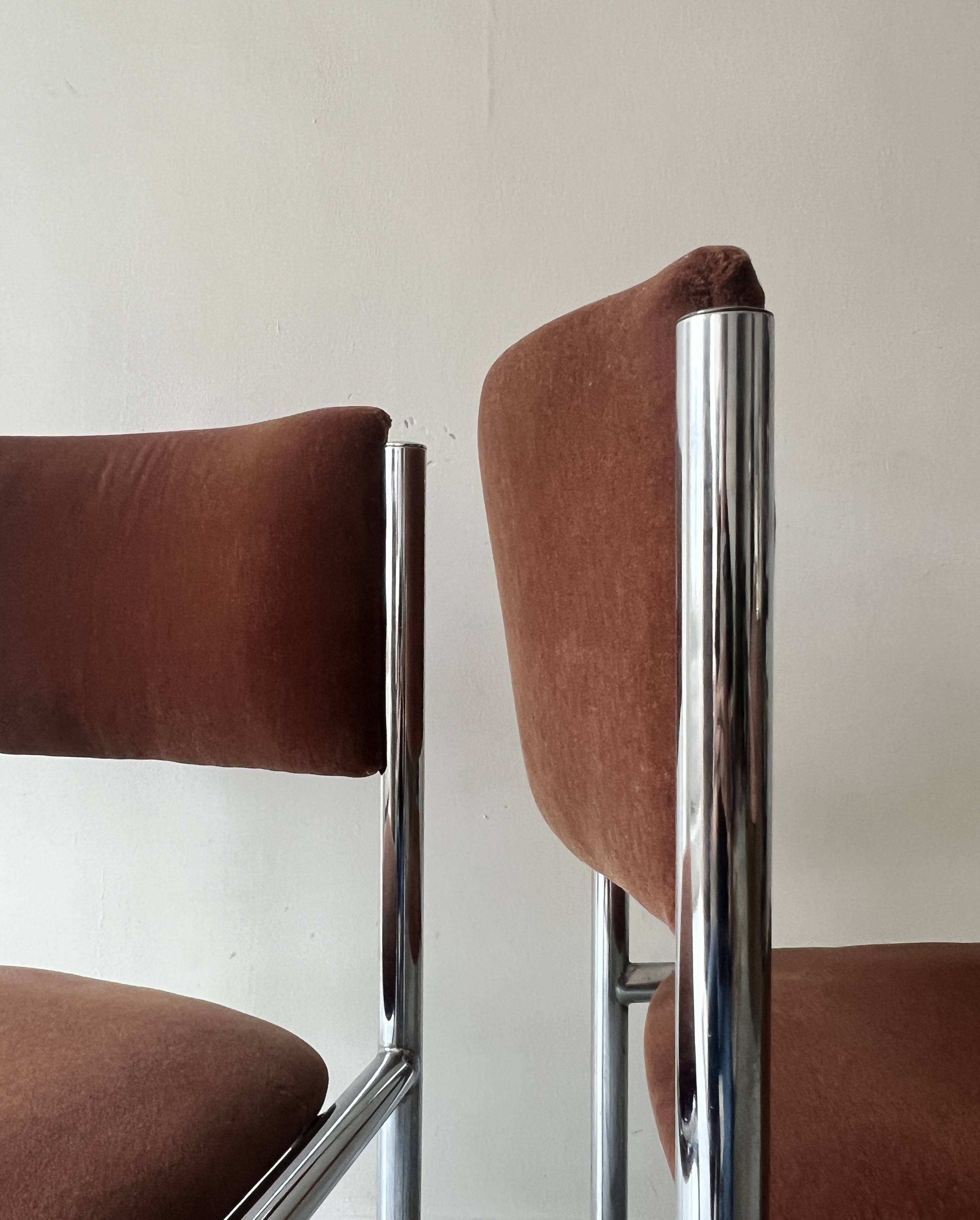 Pair of chrome and chestnut brown velvet chairs, 1970s design