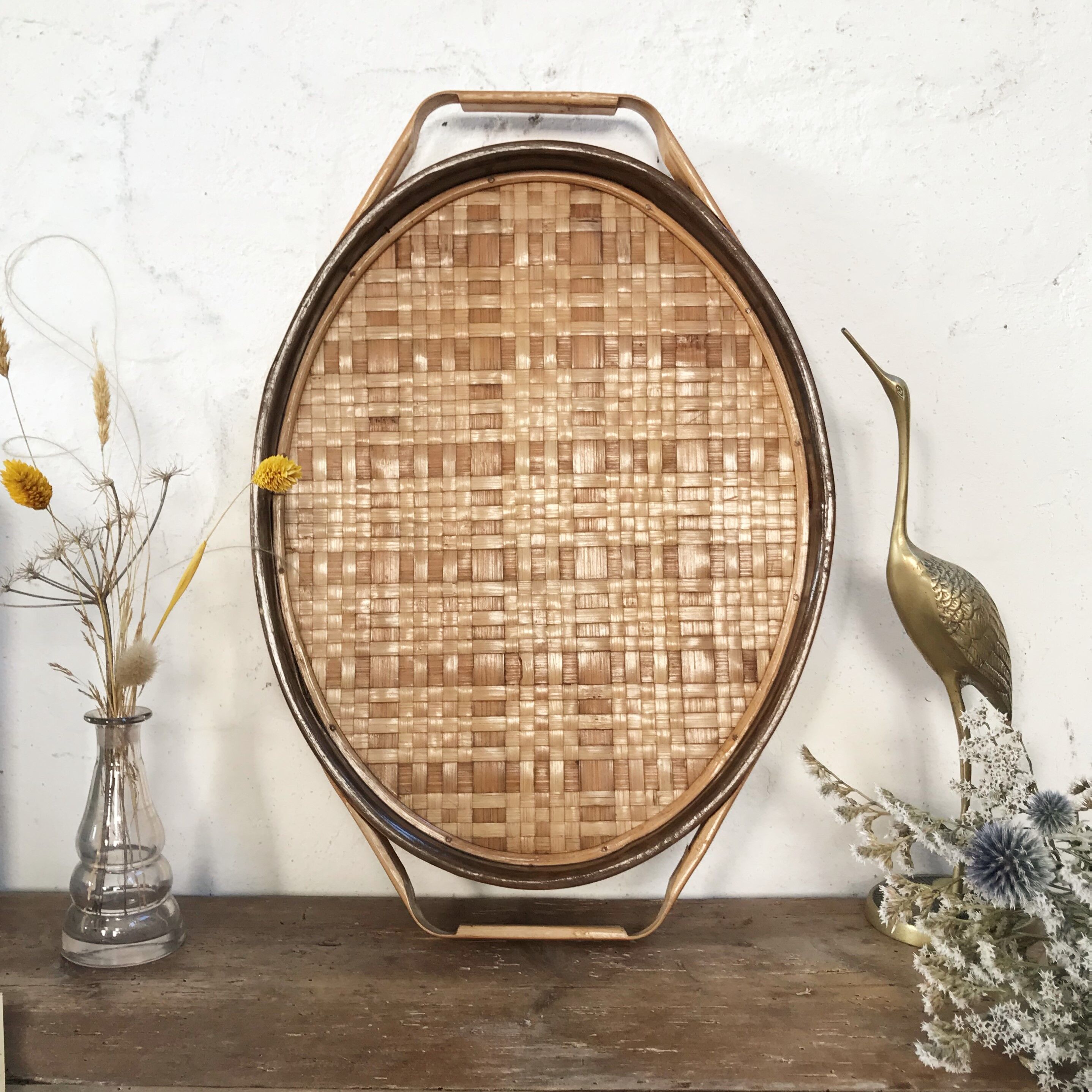 Oval rattan tray from the 70s