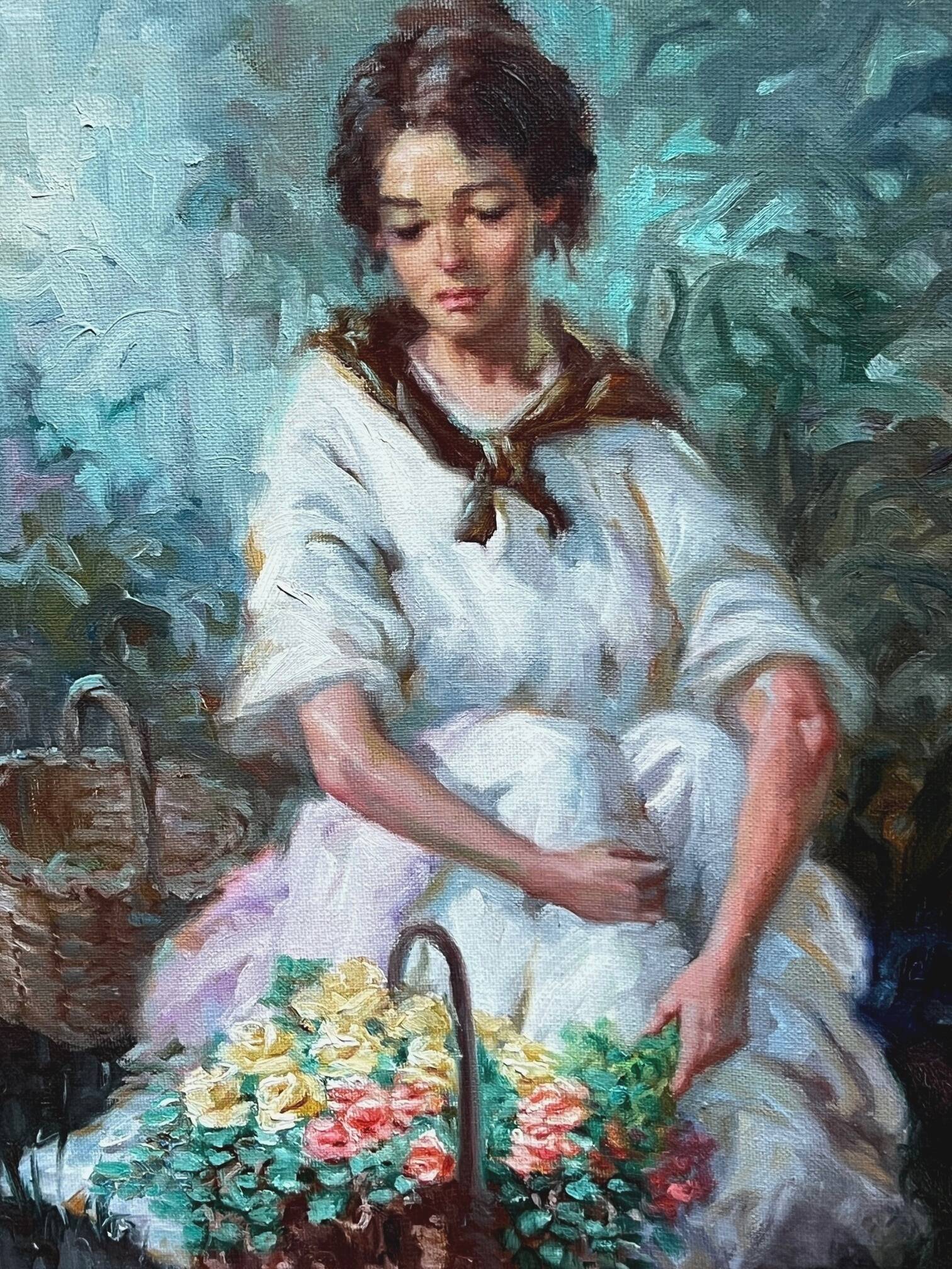 Portrait of a girl with flowers by Alfredo Mompo Roca.