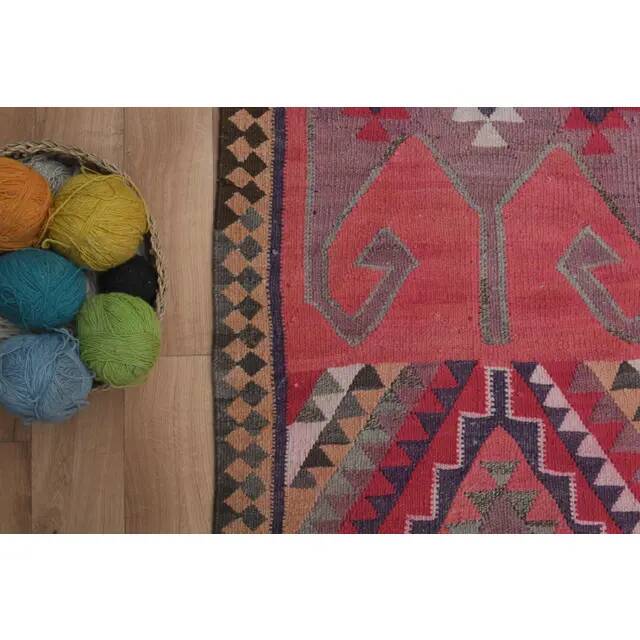 Tapis couloir vintage turc fait main en laine et coton rose des années 1970 104x358