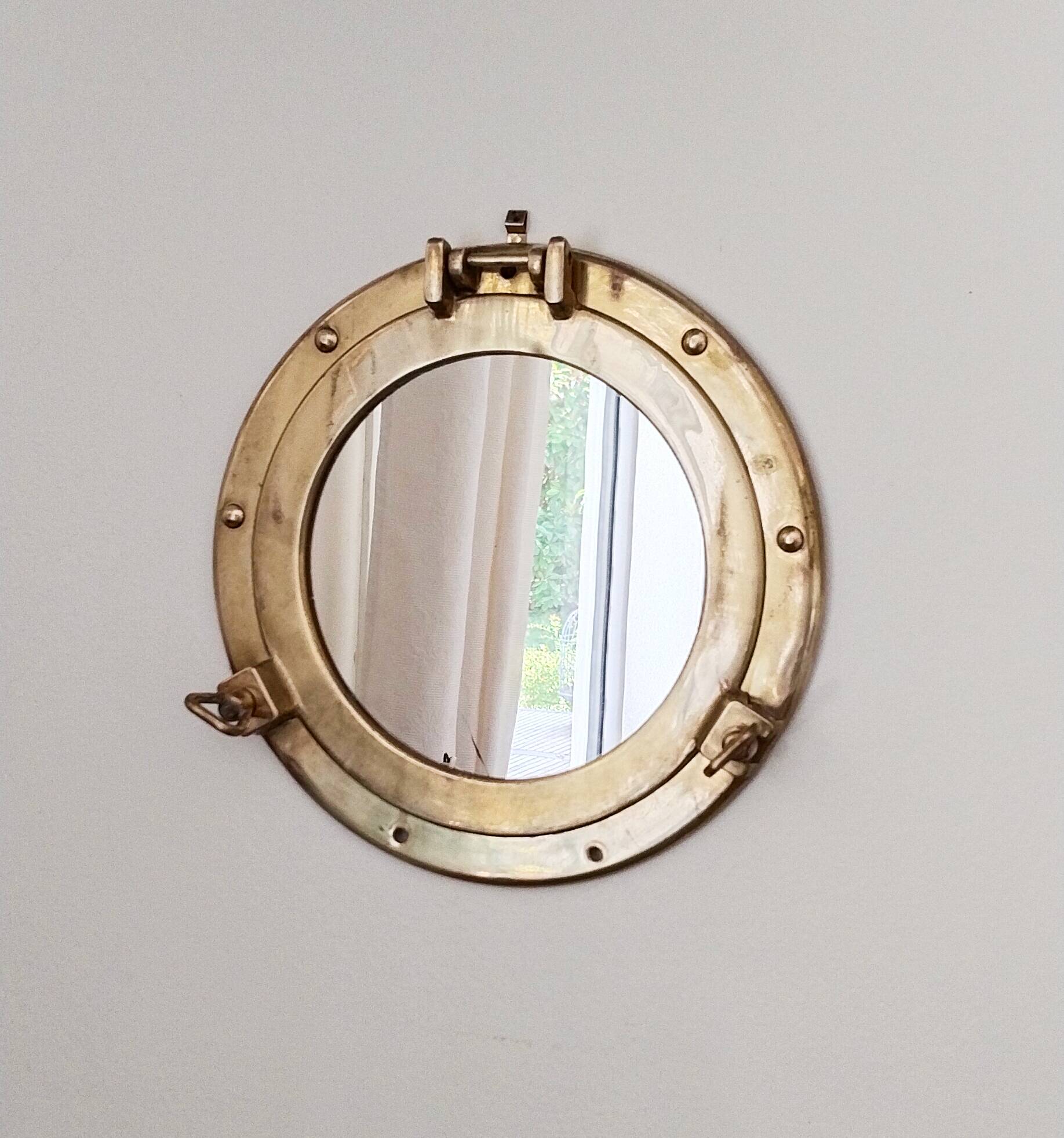 Porthole mirror in gilded brass, marine mirror