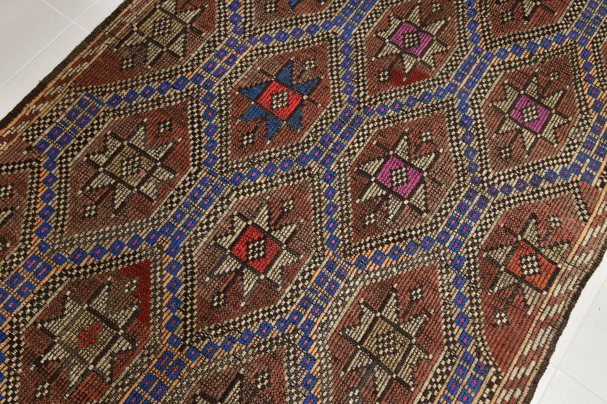 Blue & Brown Star Pattern Kilim Rug, 153x315Cm