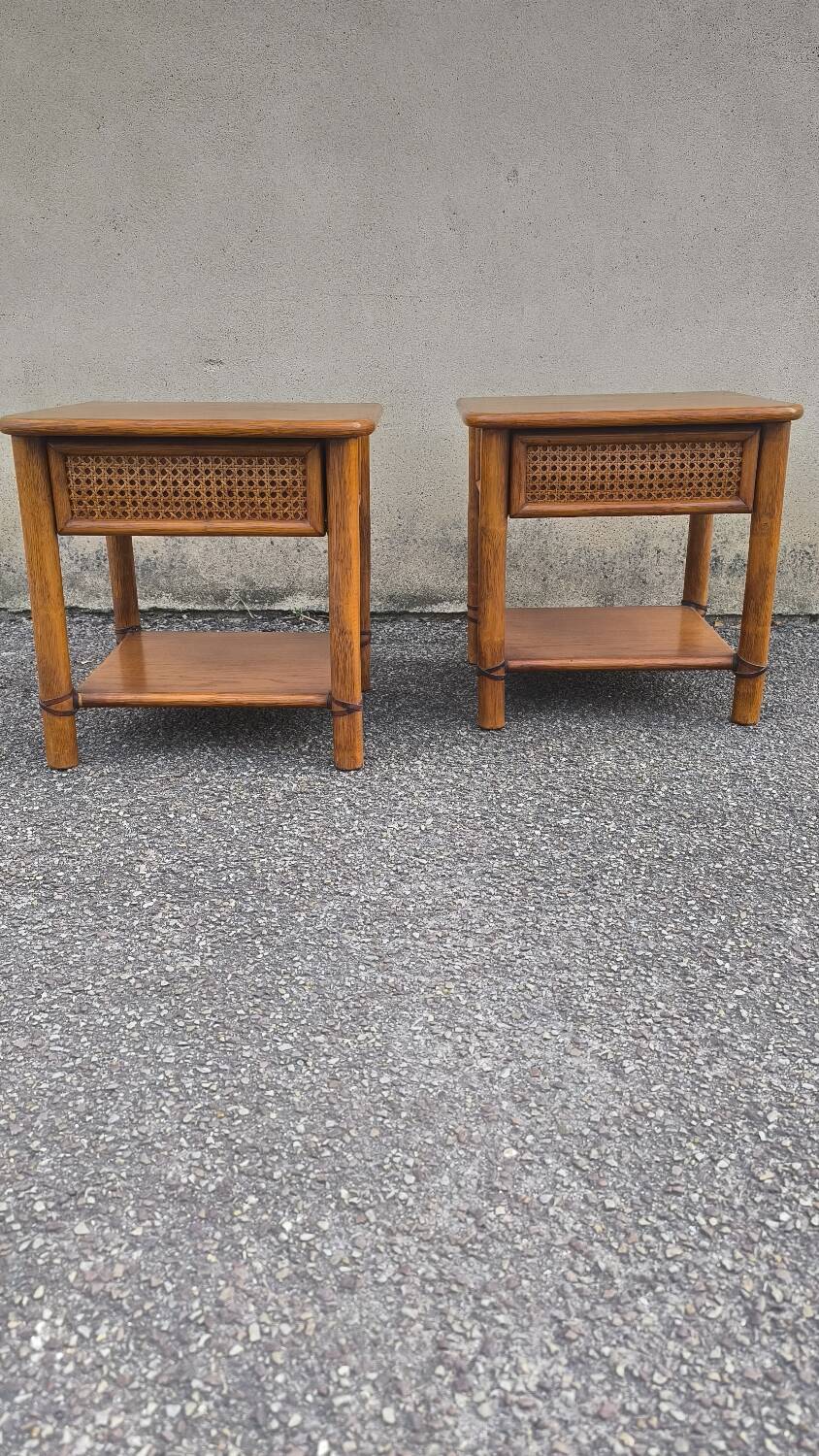Pair of rattan and wood bedside tables from the 80s