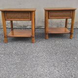 Pair of rattan and wood bedside tables from the 80s
