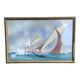 Tableau peinture marine, voilier signe Dorvom, encadre, vintage