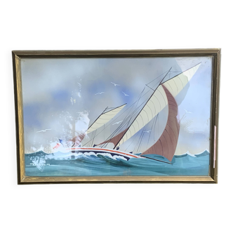 Marine painting, sailboat signed Dorvom, framed, vintage