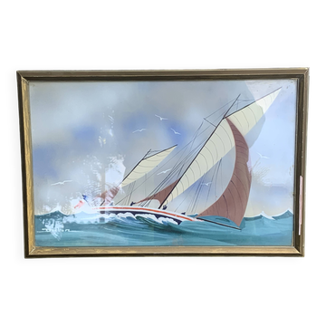 Tableau peinture marine, voilier signe Dorvom, encadre, vintage
