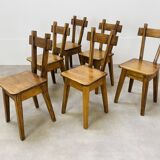6 brutalist solid wood chairs