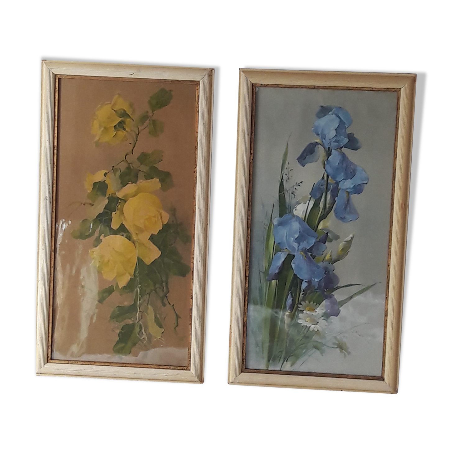 Old paintings bouquet pinks and irises (lot of 2)