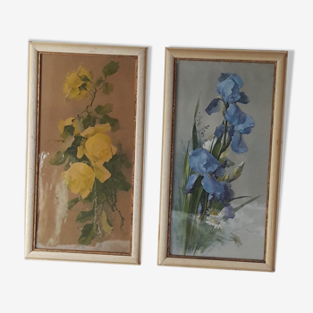 Tableaux anciens bouquet roses et iris (lot de 2)