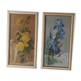 Old paintings bouquet pinks and irises (lot of 2)