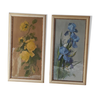 Tableaux anciens bouquet roses et iris (lot de 2)