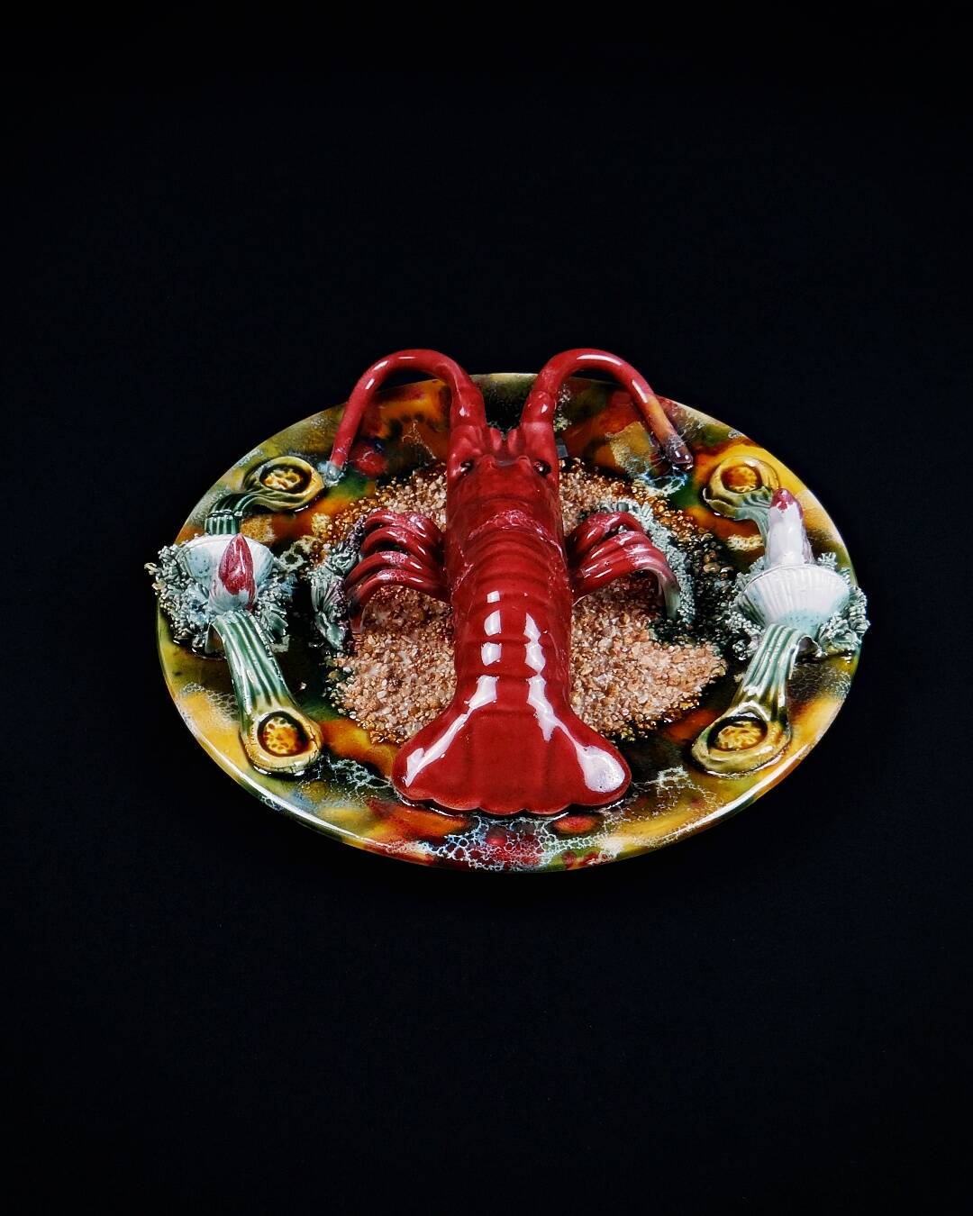 Lobster plate in Caldas da Rainha earthenware slip Palissy majolica