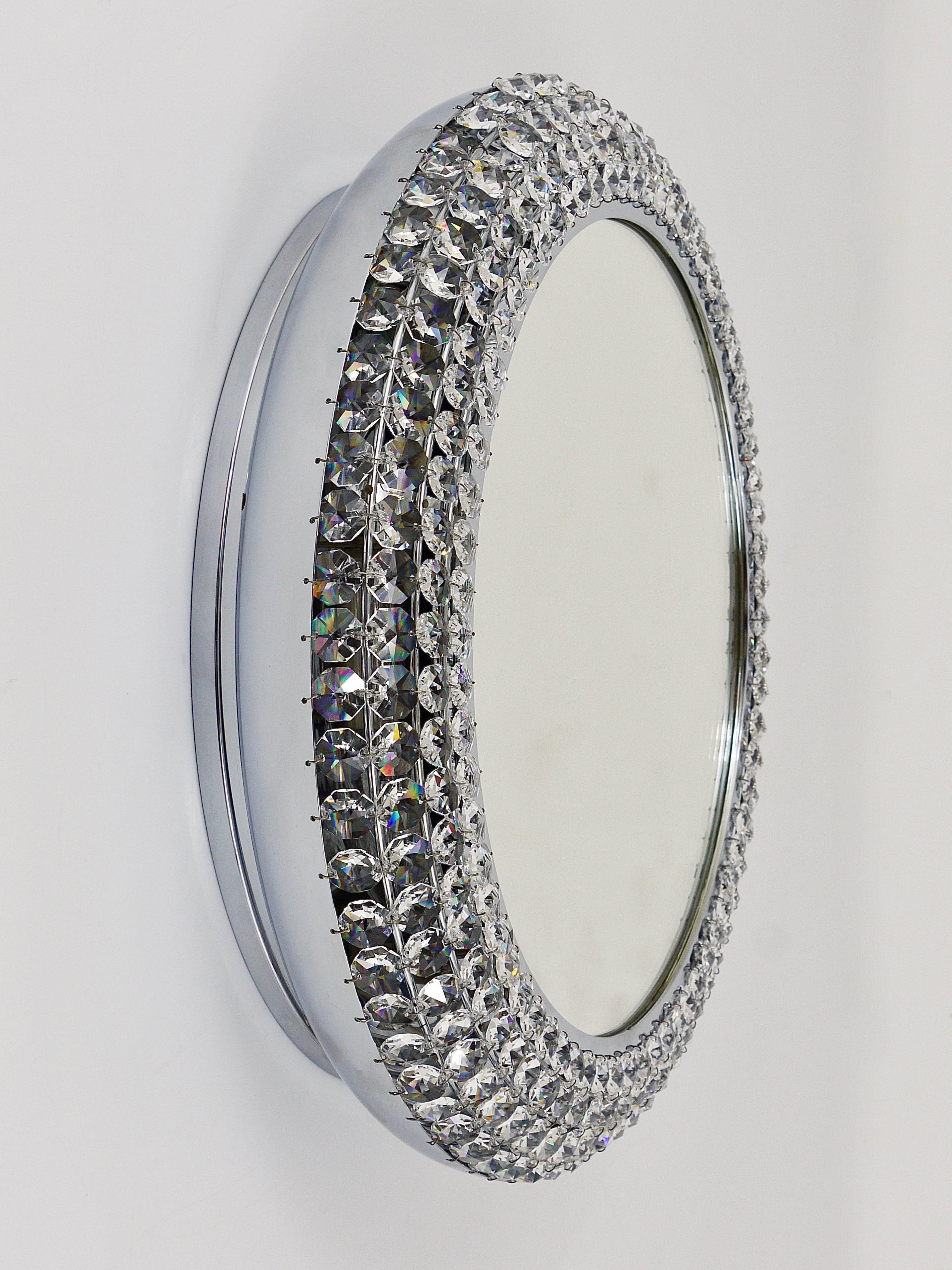 Round Wall Mirror in Bakalowits Style with Faceted Crystal & Chrome Lighting, 1960s