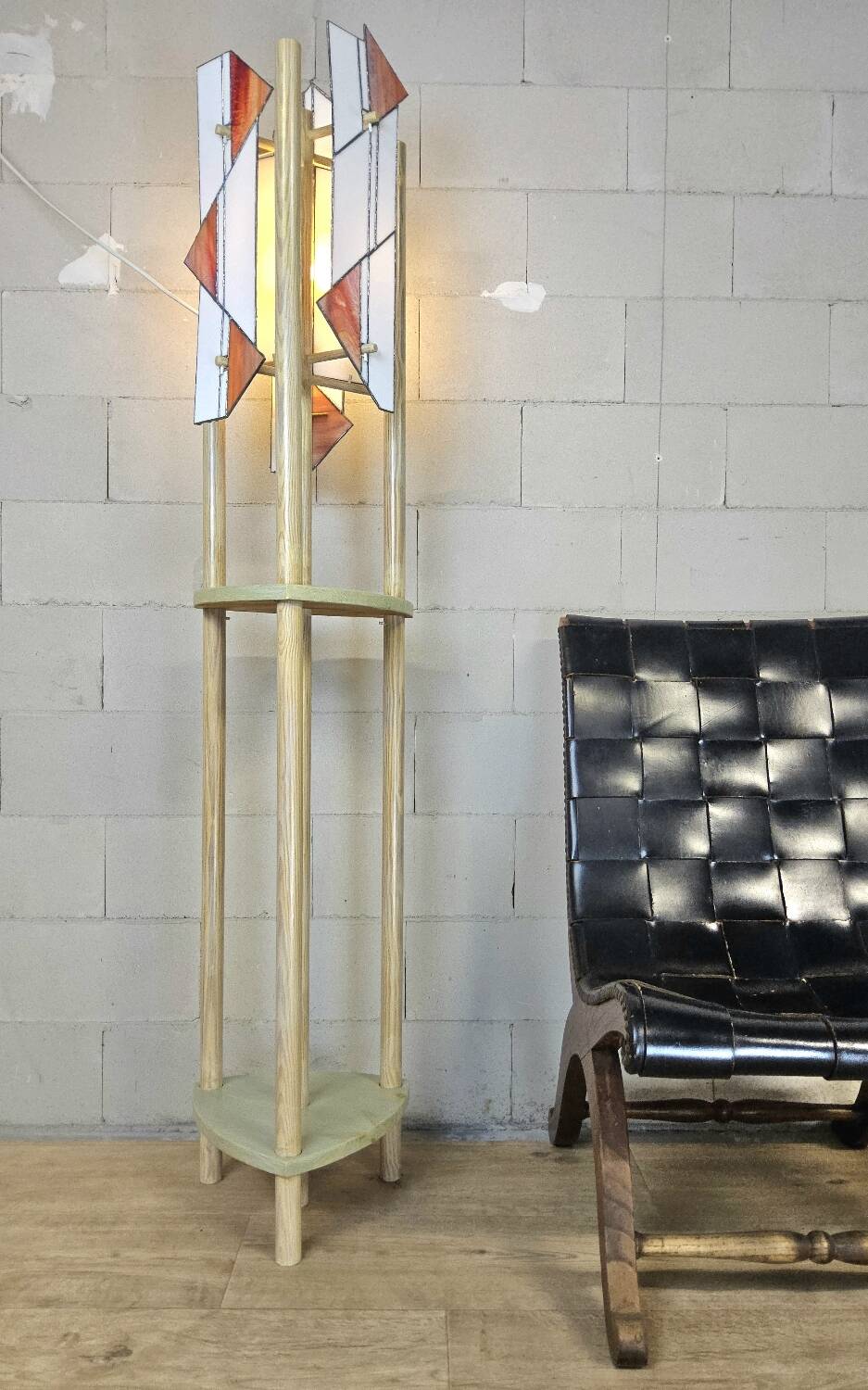Pine wood floor lamp with handmade stained glass in Japandi style.