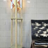 Pine wood floor lamp with handmade stained glass in Japandi style.