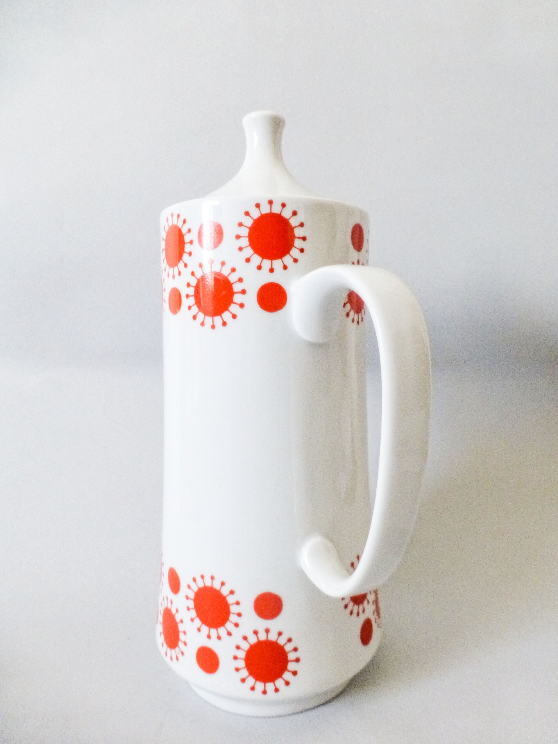 Vintage  Porcelain Coffee Pot: 1970s Red Sunny Pattern