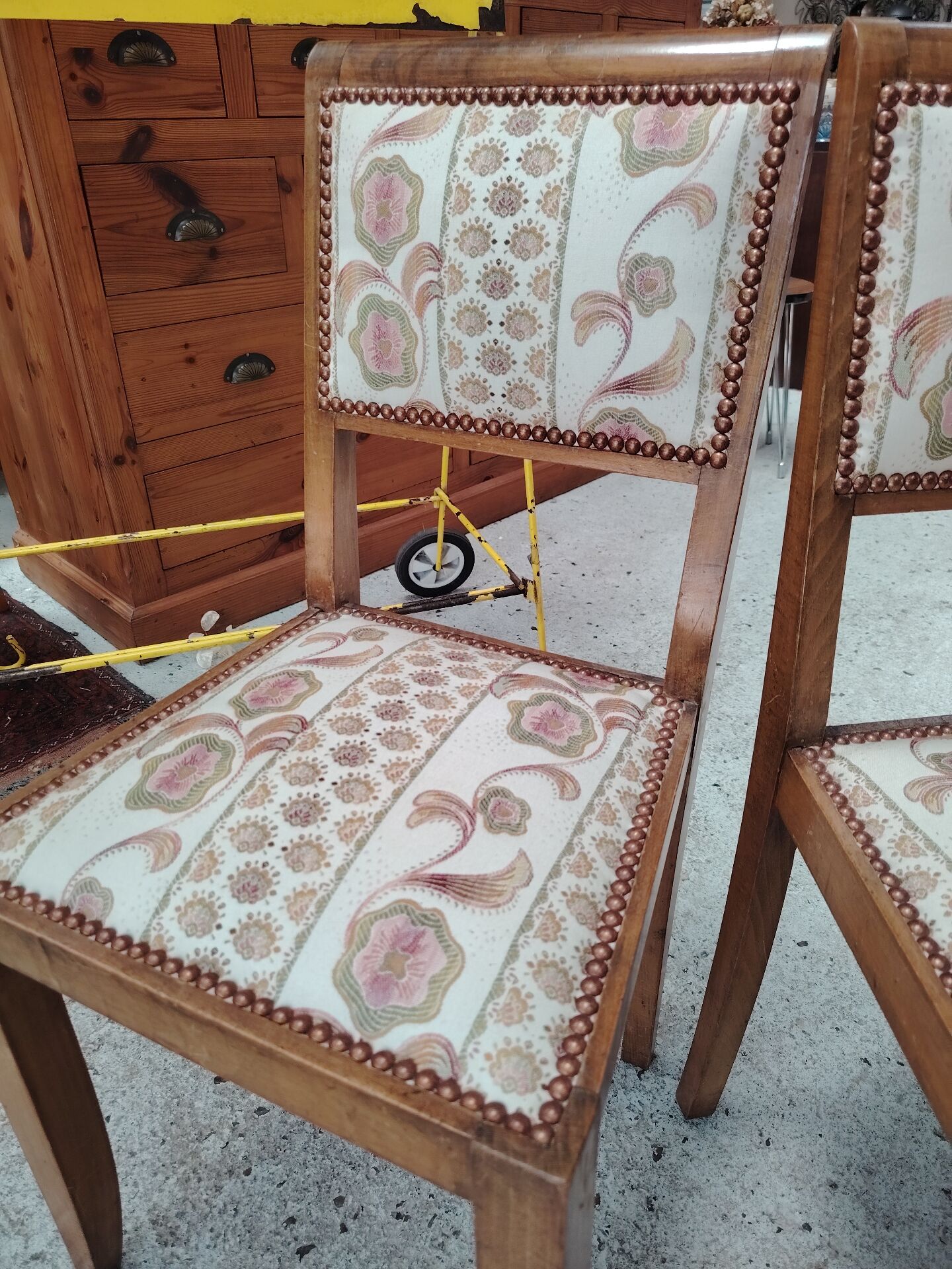 Pair of vintage solid wood chairs with upholstery – 1960