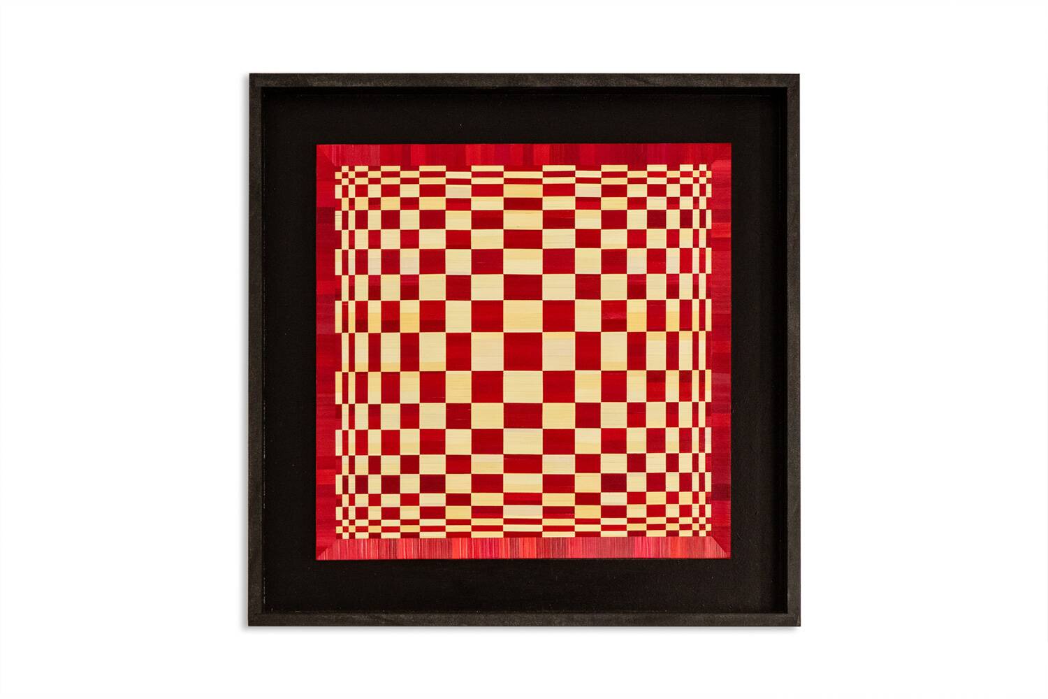 Pair of panels in red and gold straw marquetry. Contemporary.