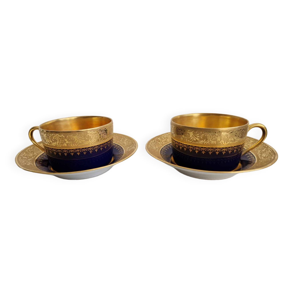 Lot 3 Tasses Et Soucoupes Rétro Sofafils - Porcelaine Fleurie Violette Liseret Doré - Occasion