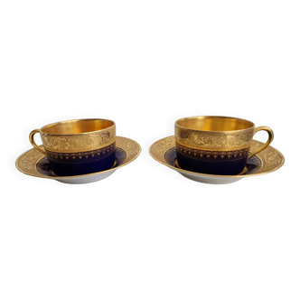 Pair of lunch cups and saucers in Limoges porcelain gilded with fine gold