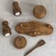 Condiment service (salt, pepper, and mustard) in olive wood