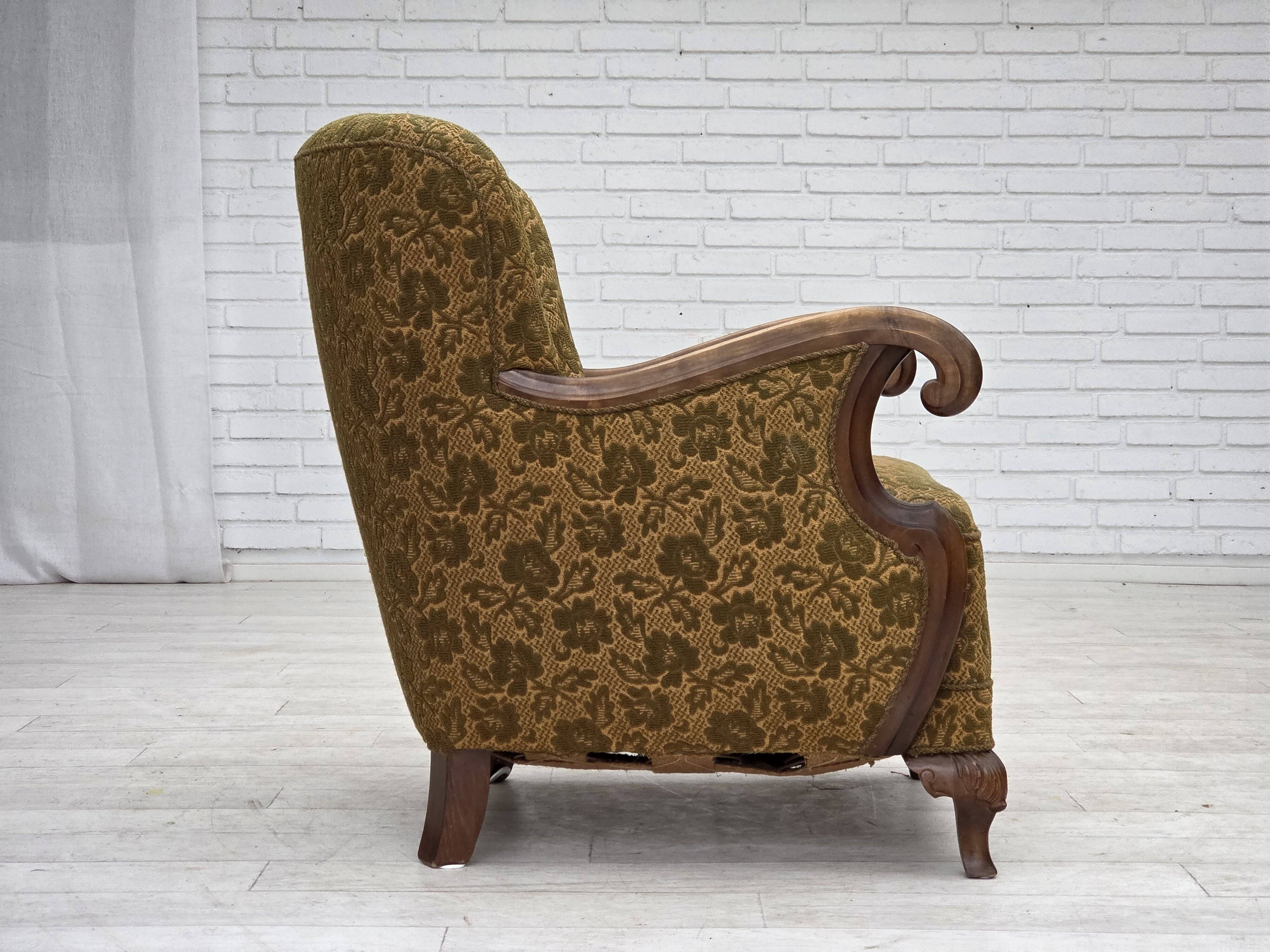 1950s, Danish armchair, furniture wool, hand carved oak wood.