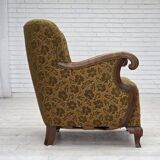 1950s, Danish armchair, furniture wool, hand carved oak wood.