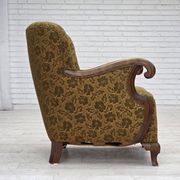 1950s, Danish armchair, furniture wool, hand carved oak wood.