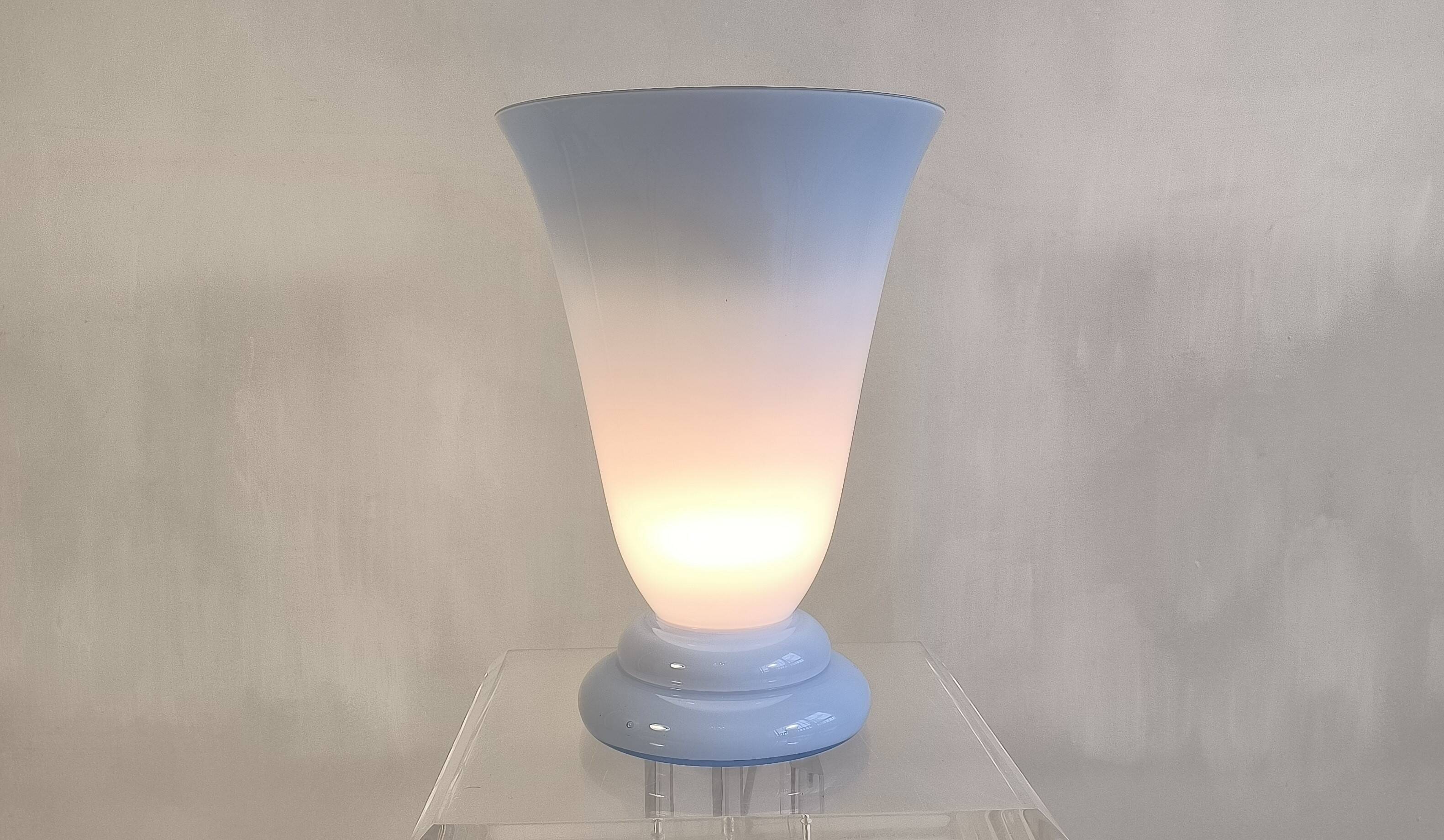 Magnificent large vintage lamp in opaline blue Bohemian glass — signed