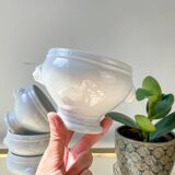 6 mismatched vintage porcelain lion head onion soup bowls - white, made in France