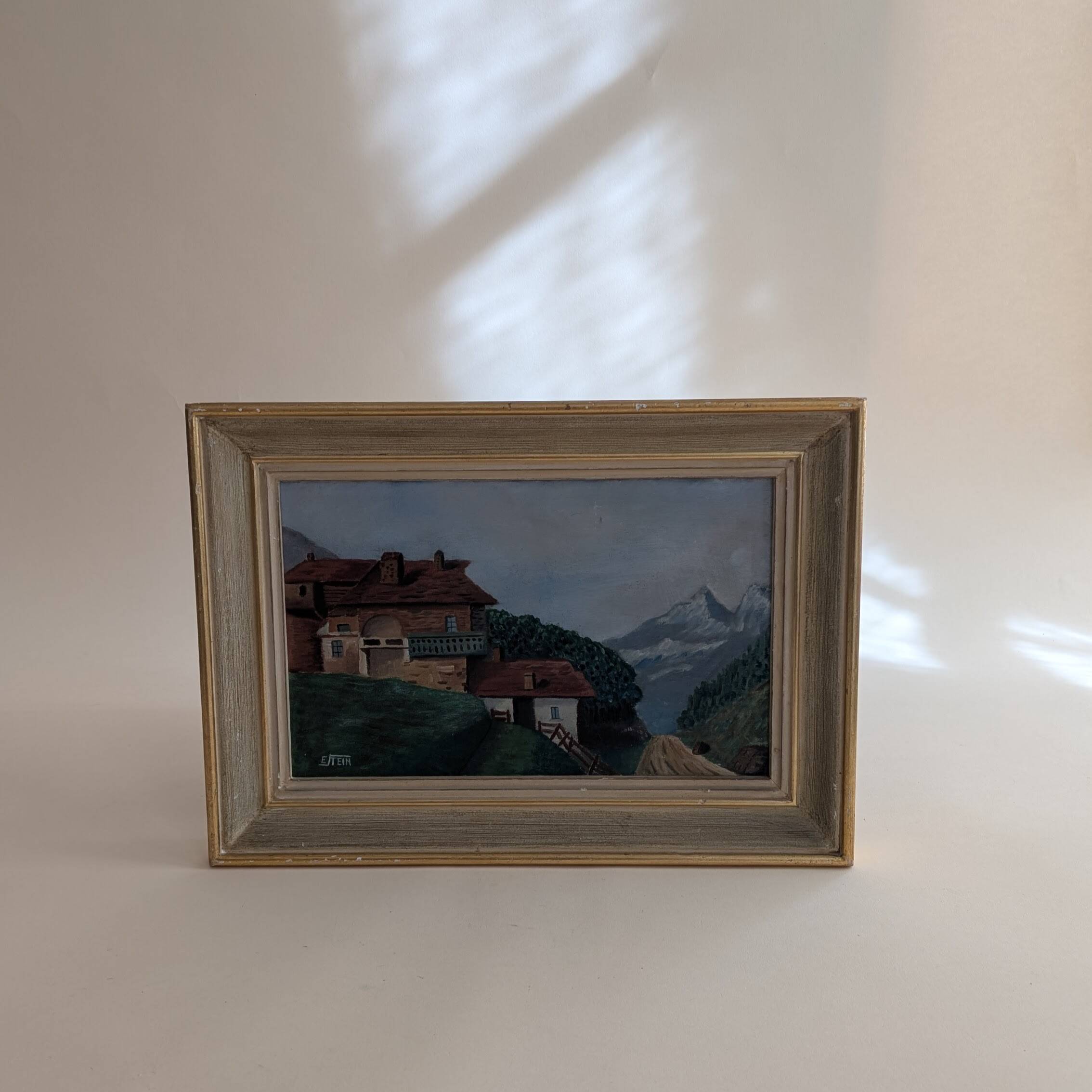 Tableau ancien d'un chalet à la montagne