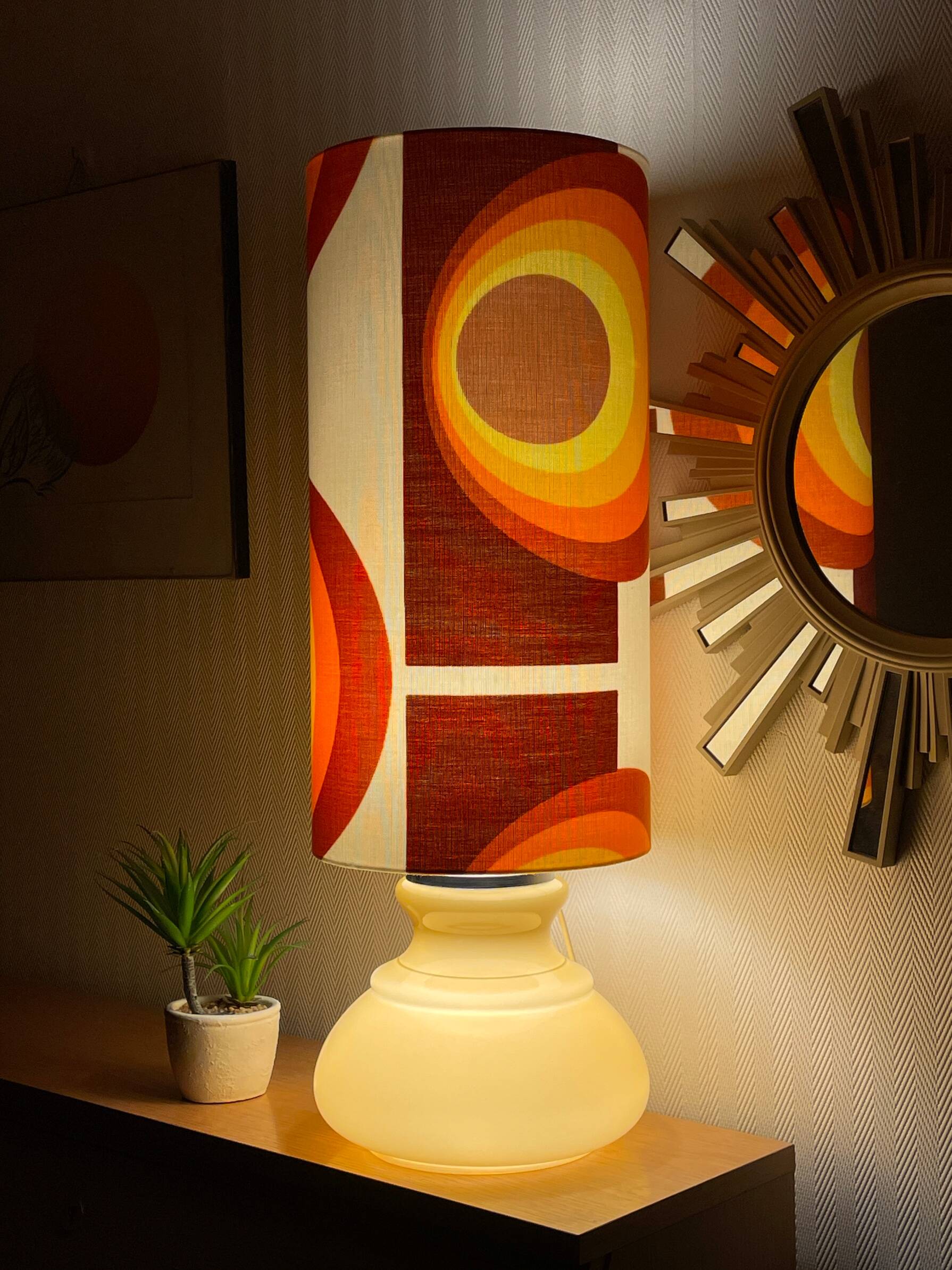 Beige opaline lamp Apollo J - 1970s retro fabric