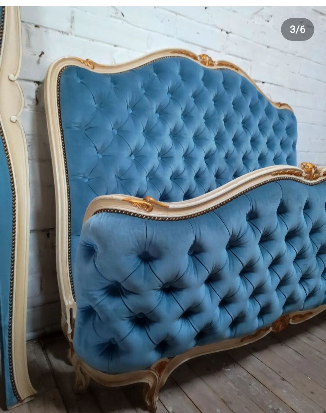Frame and headboard louis xv upholstered blue velvet