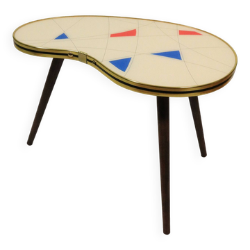 Side table, kidney-shaped, geometric pattern, three elegant legs, 50s style