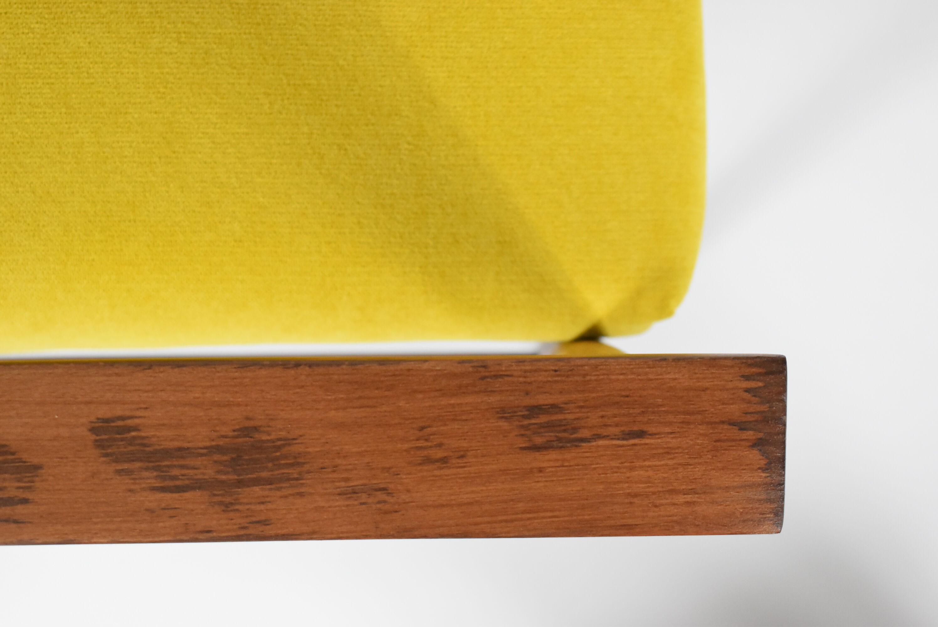 Vintage armchair yellow fabric, teak wood, 1960s