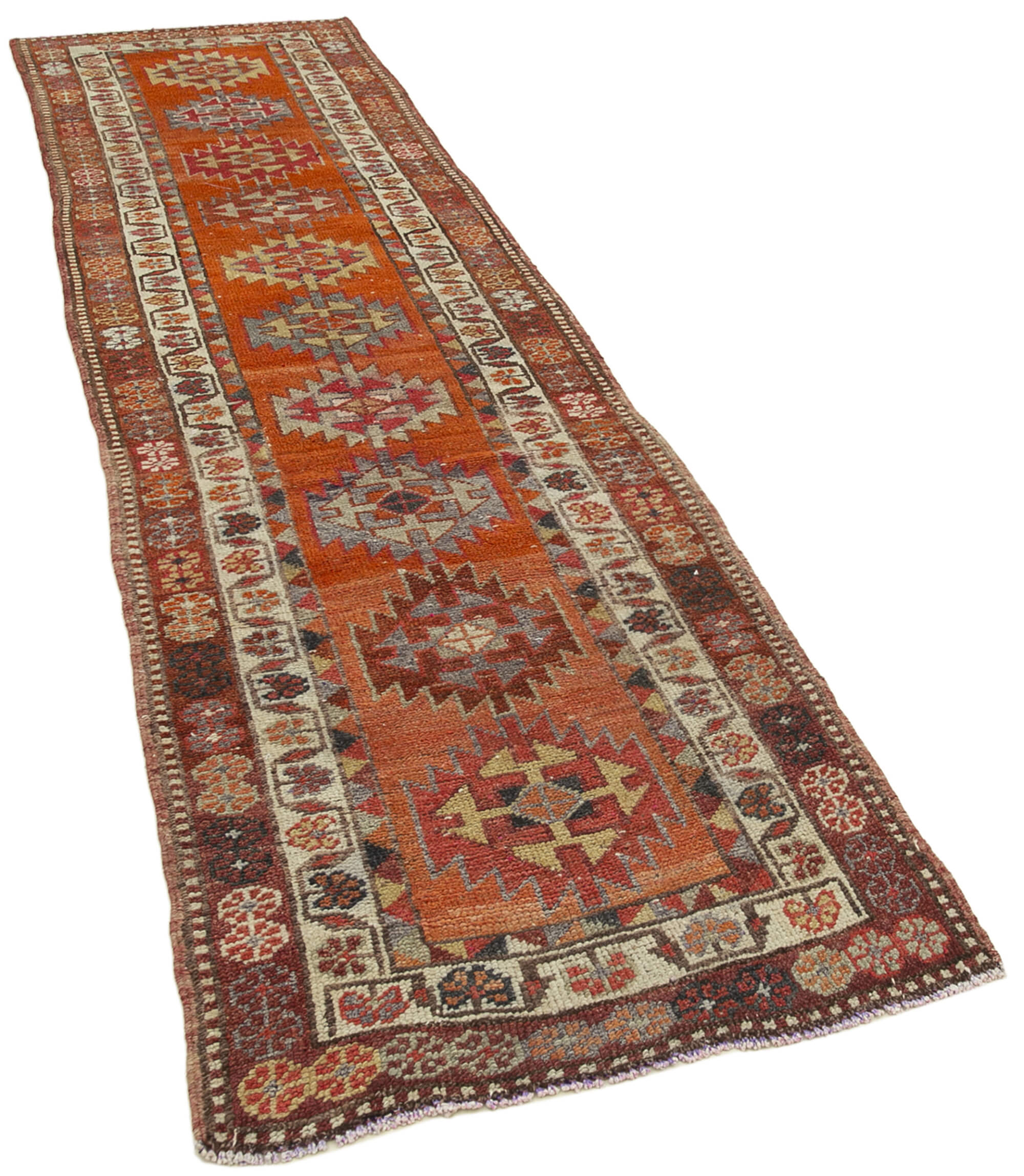 Handwoven rustic anatolian red runner carpet 93 cm x 374 cm