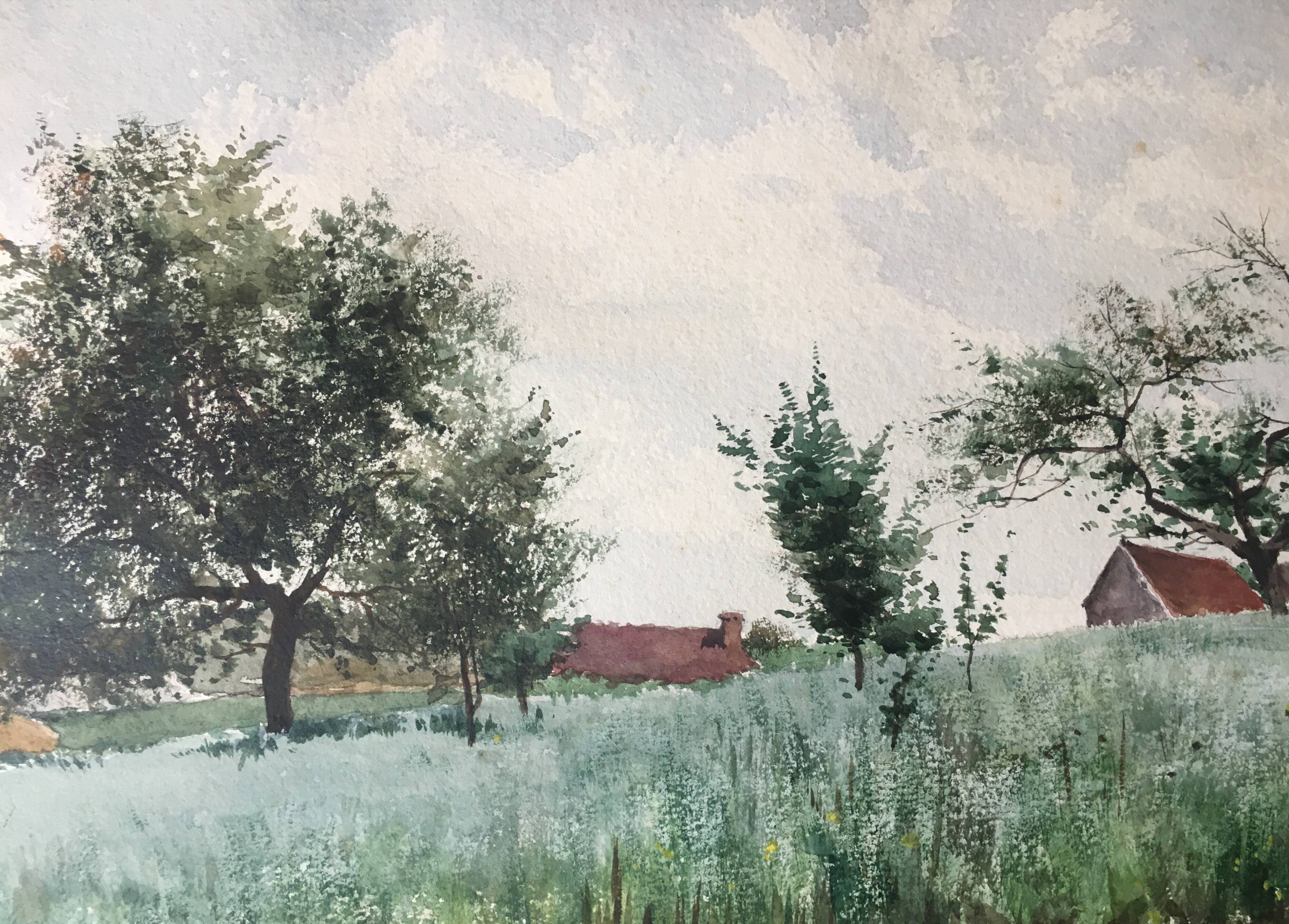 Watercolor signed Victor Henry (1855-1942) "The field of the village" with frame