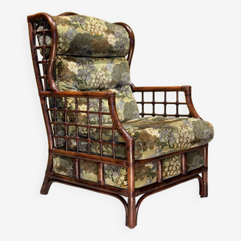 Bamboo Armchair With Chinese Motifs Upholstery, Denmark, 1970's