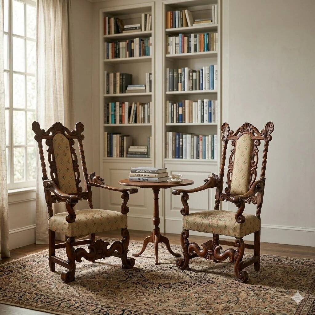 Pair of antique Baroque armchairs in walnut and fabric, Italy, 17th century.