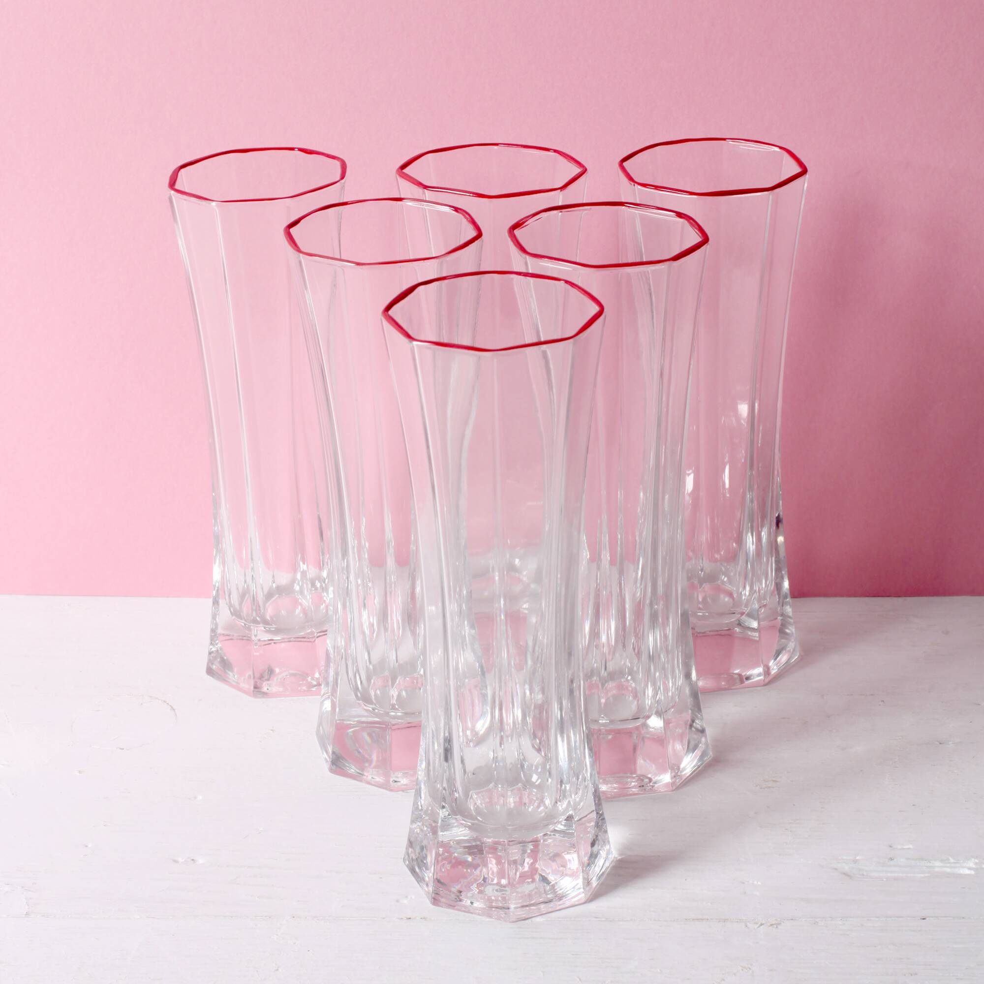Set of 6 Mid-century Clear Crystal Glasses with Red Rim / Italy / 1980s