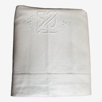 Drap ancien linge de maison broderie monogramme jour tissus rideau