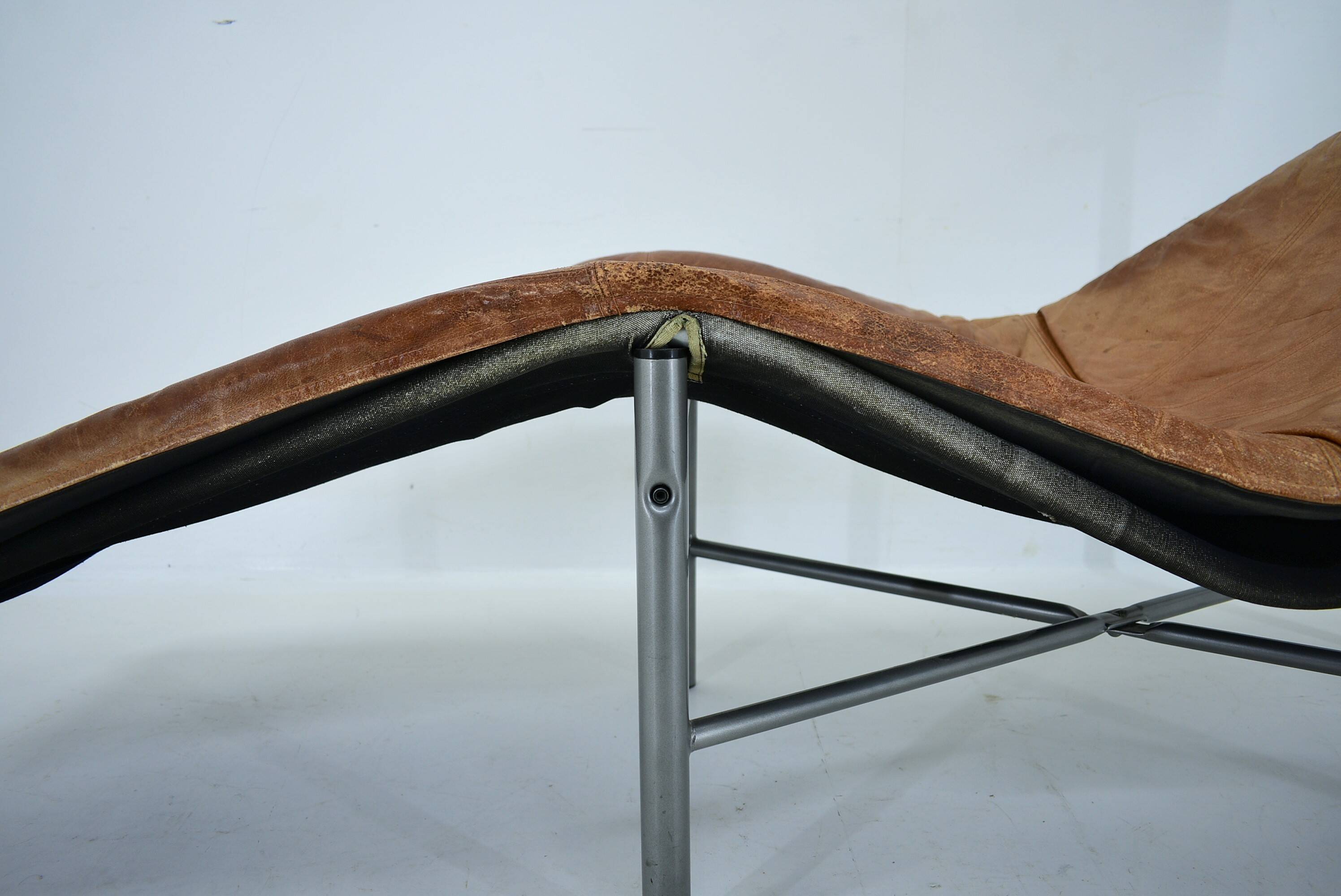 Vintage Cognac Leather Chaise Longue by Tord Bjorklund Sweden, 1970