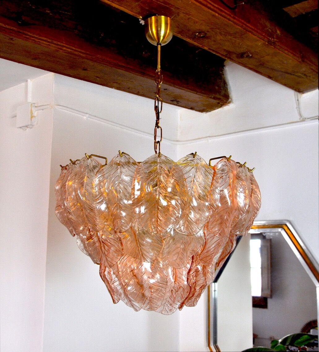 Chandelier "Leaves" murano mazzega, pink glass, italy, 1960