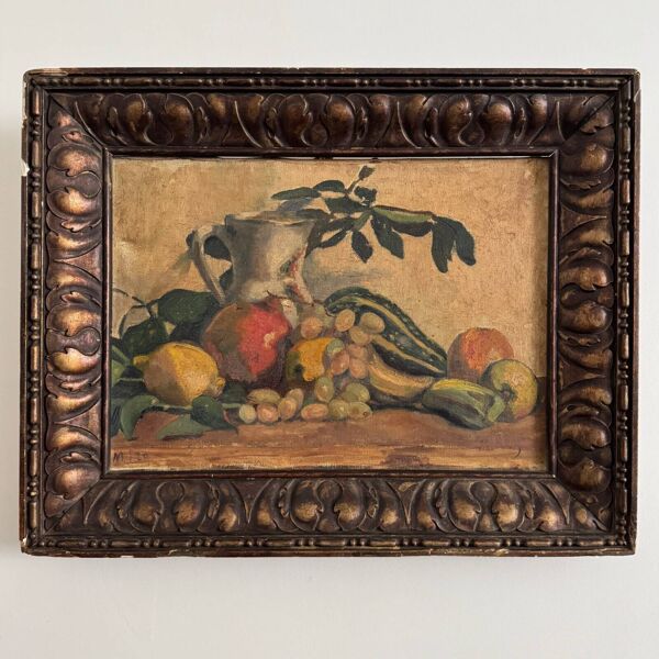 Huile sur toile par M. Rery nature morte aux fruits et aux légumes XXe