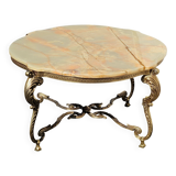 French Vintage Onyx Marble Bronze Coffee Table Style Louis XV 60s