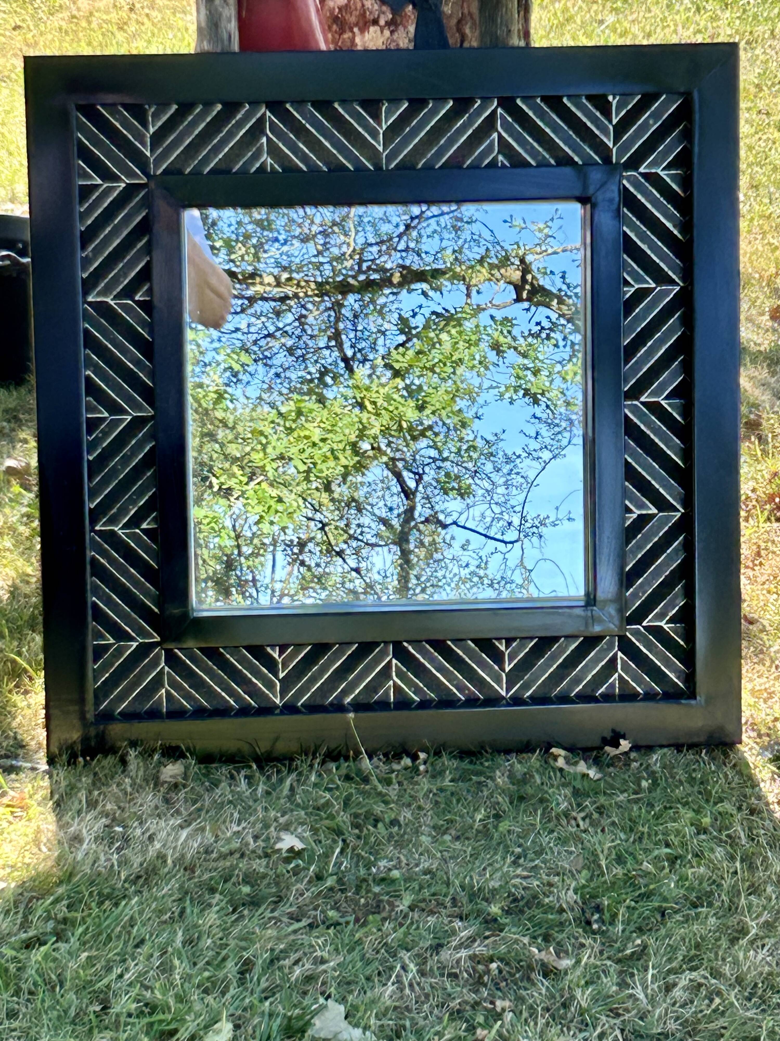 Superbe miroir contemporain métal et céramique géométrique