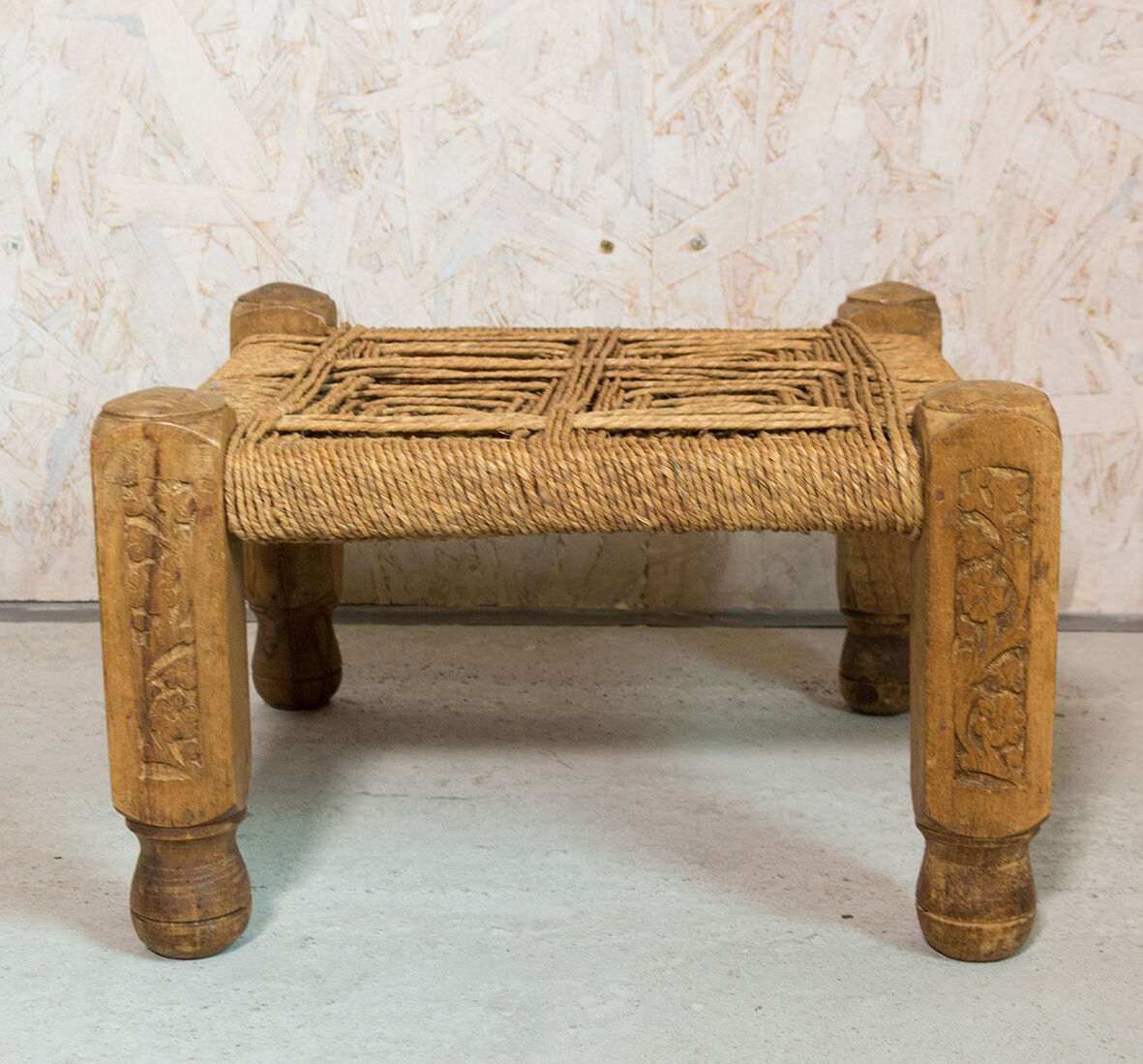 Ethnic teak and rope tabouret